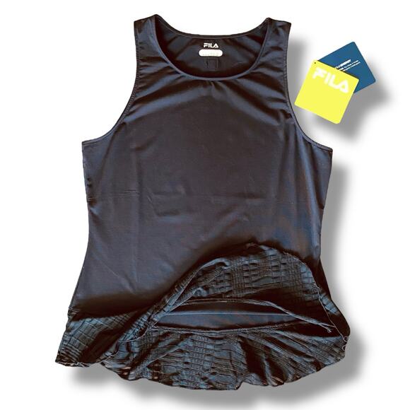 NWT Fila Activewear One Peplum Tank Top Sz M Black Fitted Stretchy 30+ UV Pro - Picture 1 of 12